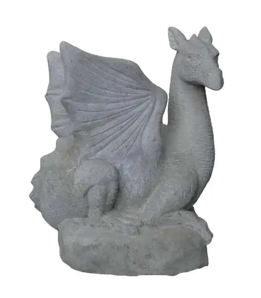 Product image of the product “Sitting dragon on stone, looking to the right. The height is about 65 cm. Riverstone, natural stone. ”